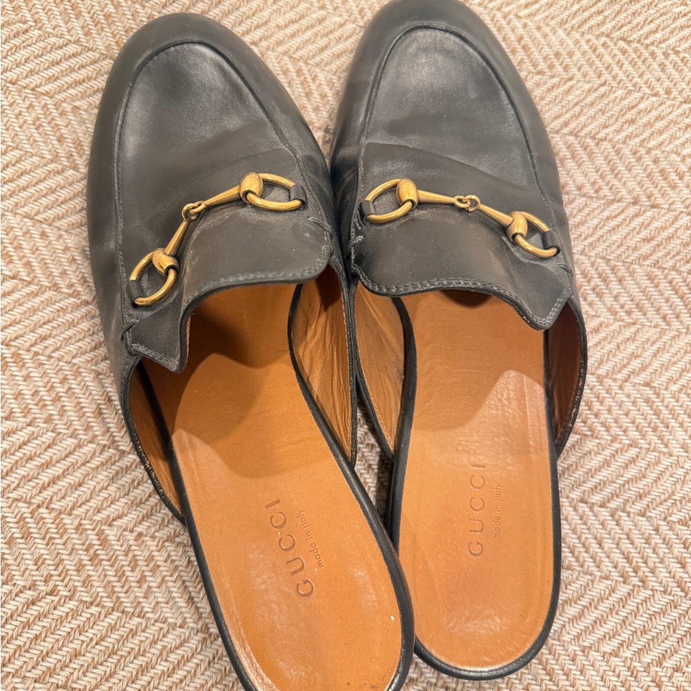 Gucci Black Leather Mules with Gold Detail - Picture 9 of 12